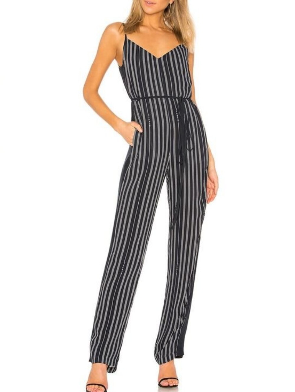 Rag & Bone Rosa Striped Wide Straight Leg Jumpsuit Navy Blue Silk Panel Size 4